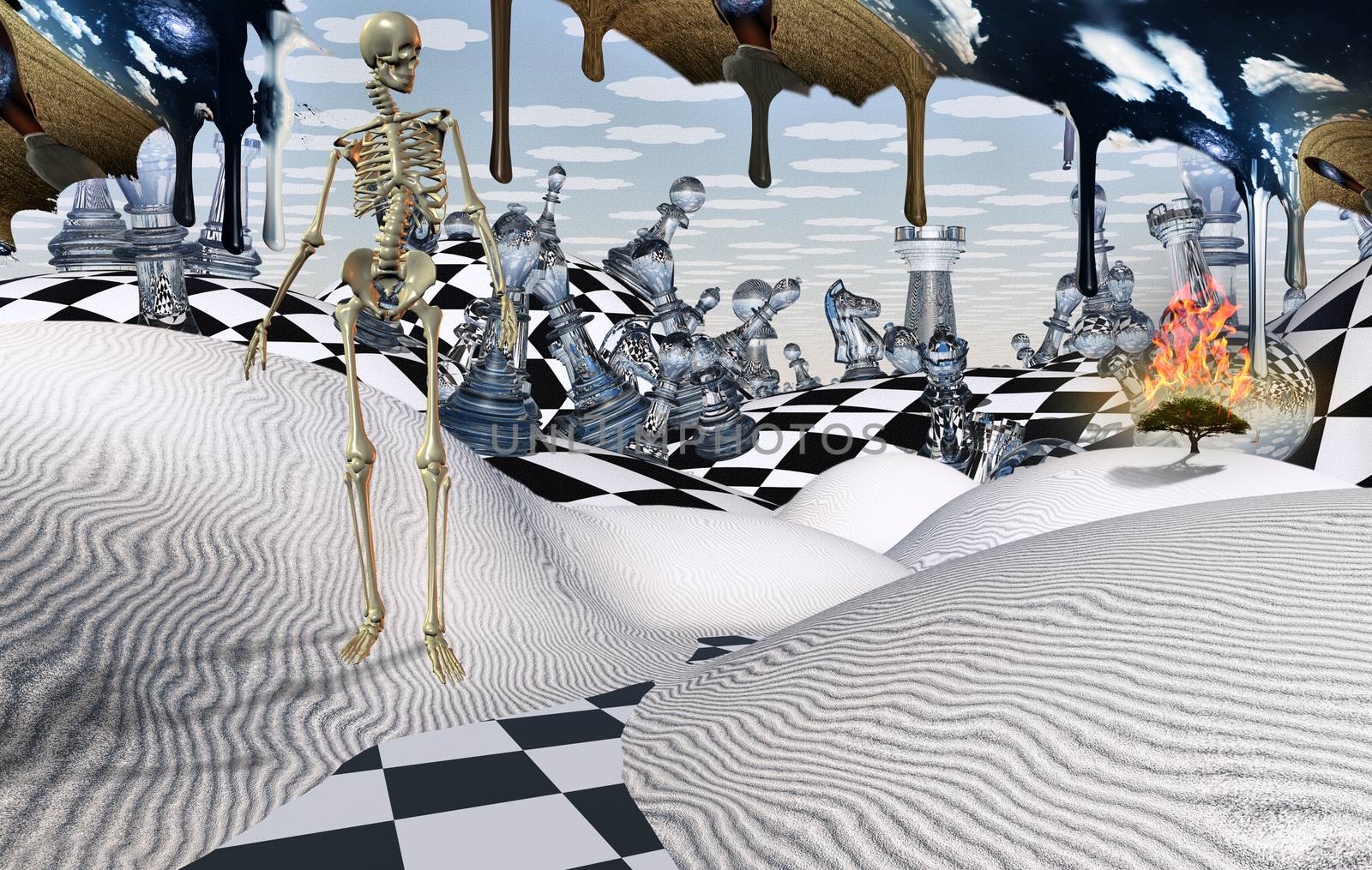 Surreal desert with chess figures. Eagle in the sky. Skeleton and burning tree. Another dimension flowing down. 3D rendering