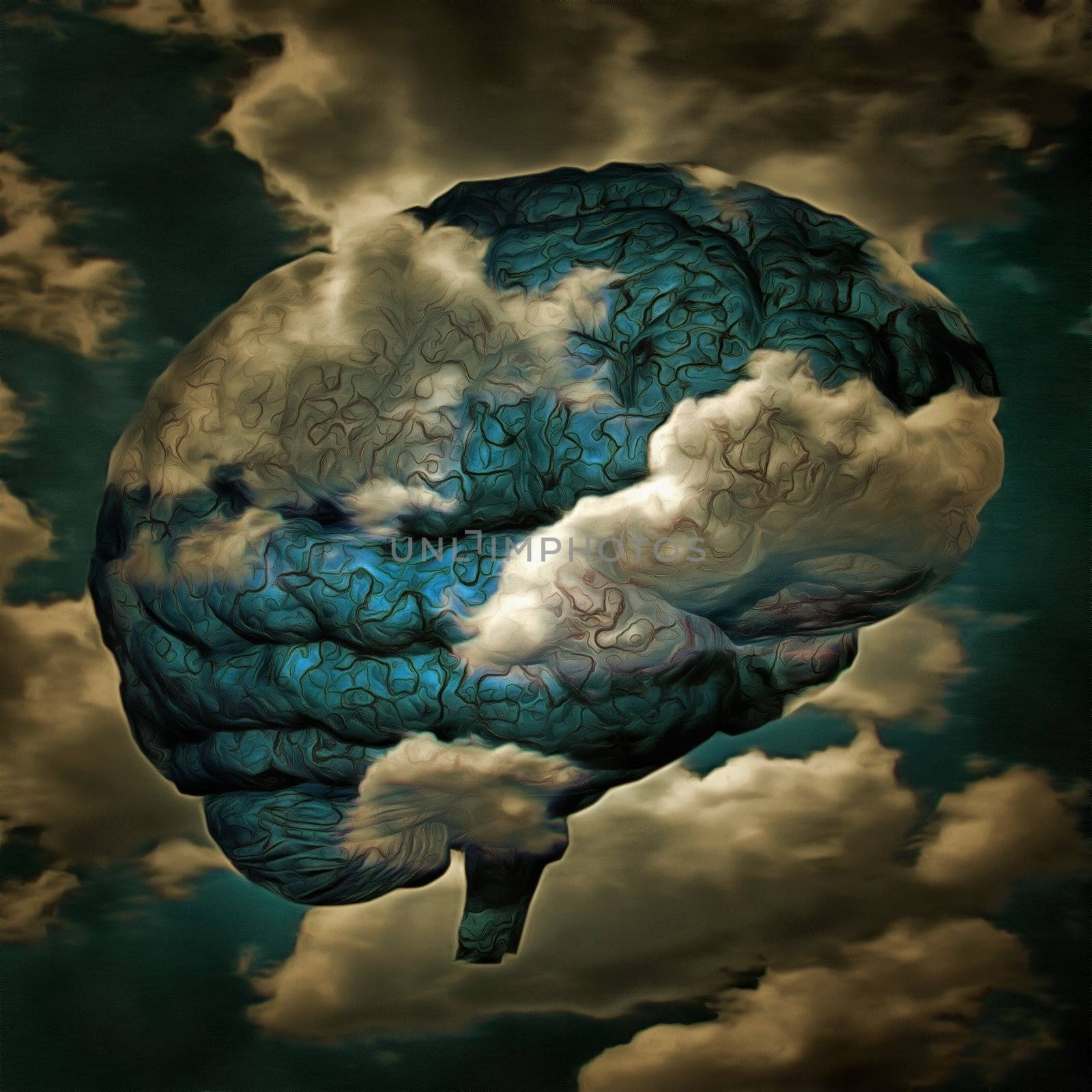 Surreal painting. Brain in the sky. 3D rendering
