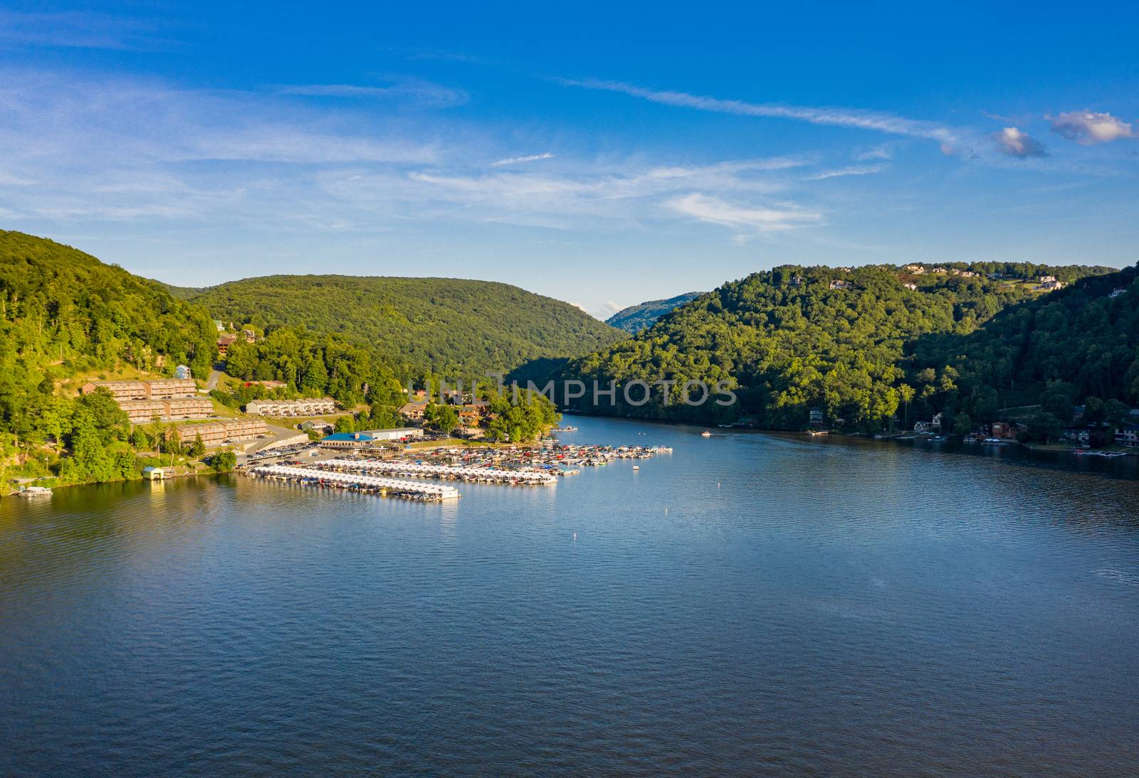 Wide panoramic view of Cheat Lake near Morgantown in West Virginia from aerial drone shot above the water