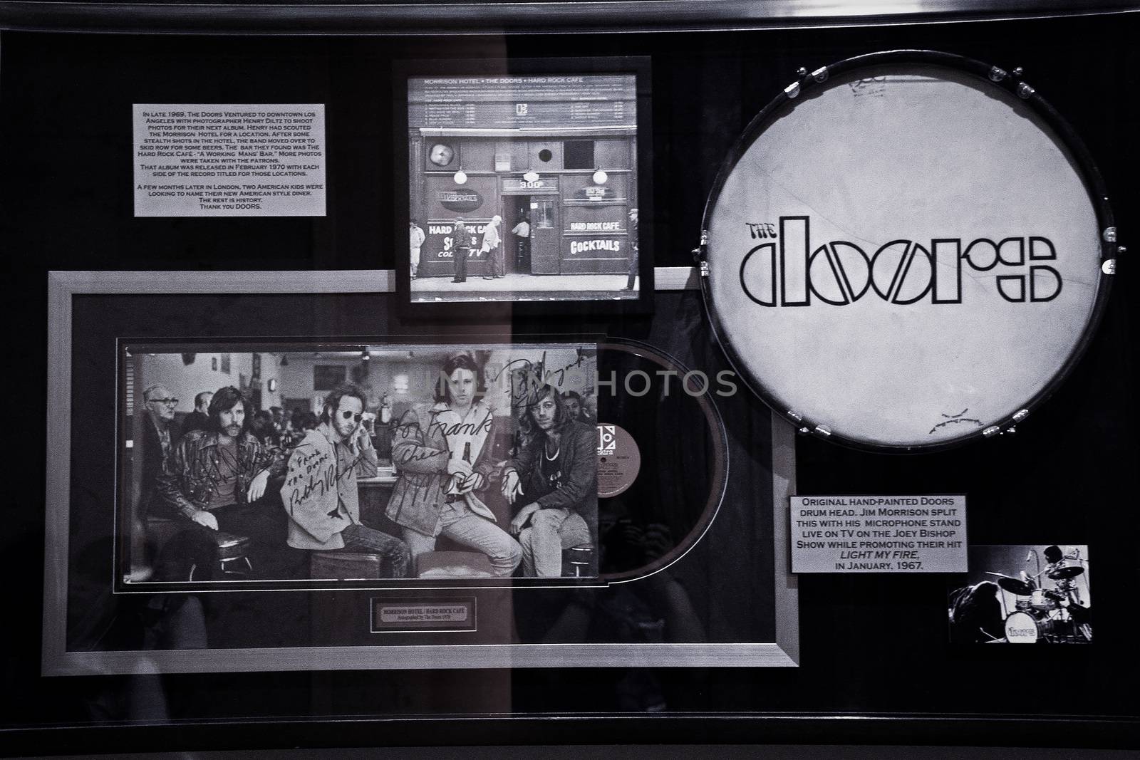 Las Vegas,NV/USA - 31 Oct,2014 : Music Memories Behind The Glass at Hard Rock Hotel Las Vegas.Display of original hand painted the Doors drum head. by USA-TARO
