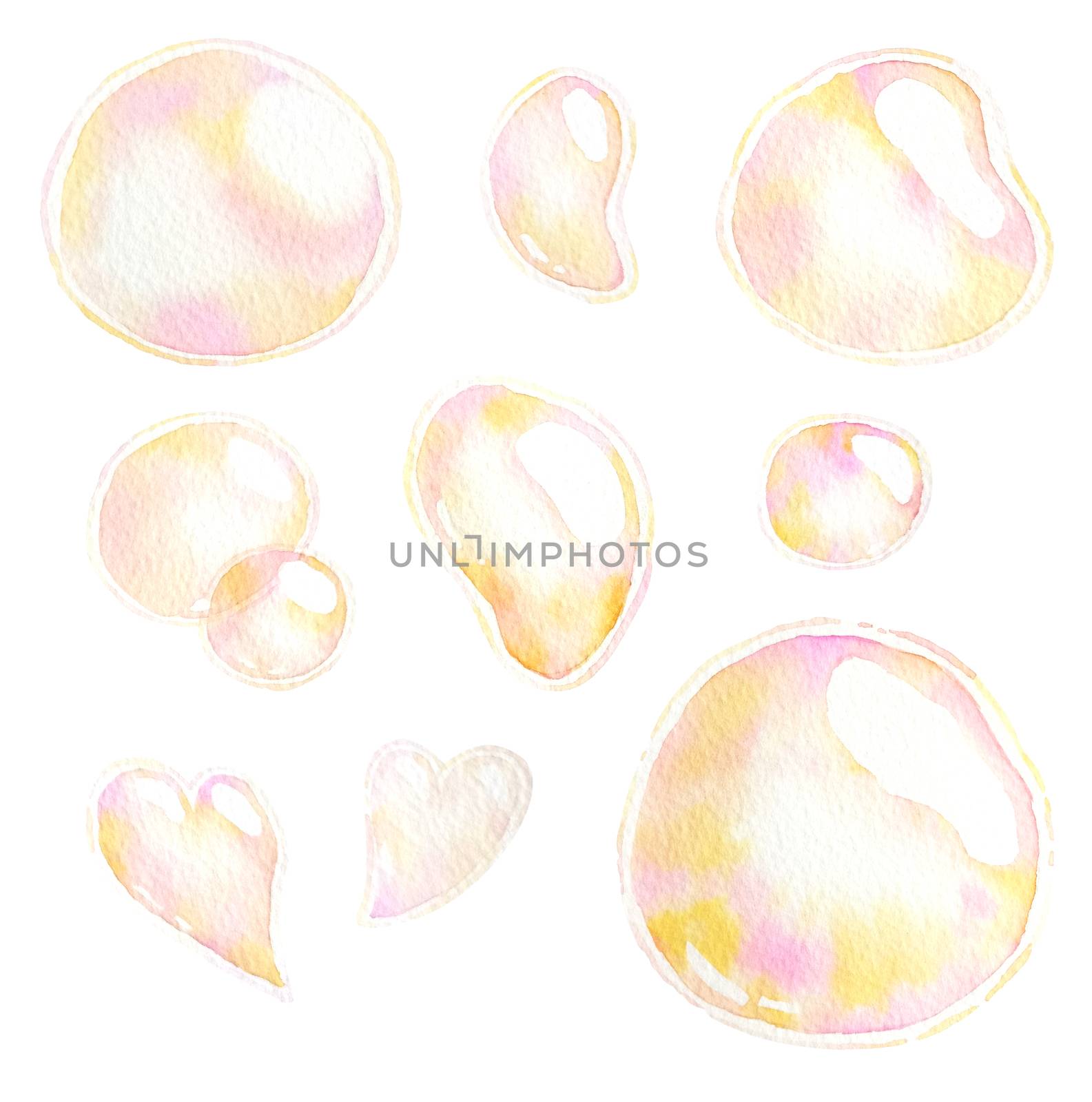 soap air bubbles, Undersea effect, watercolor hand painting isolate on white background, clipping path.