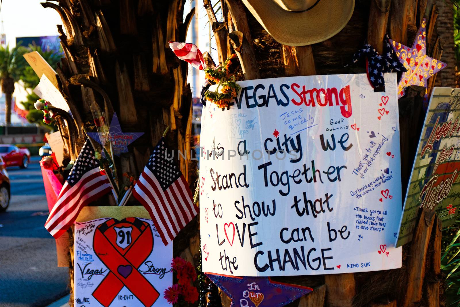 Las Vegas,NV/USA - Oct 07 ,2017 : Memorial Message of the Las Vegas gun shooting victims on the Las Vegas Strip Near the Mandalay Bay. In memory of the 58 victims from the 1 October,2017 shooting. by USA-TARO