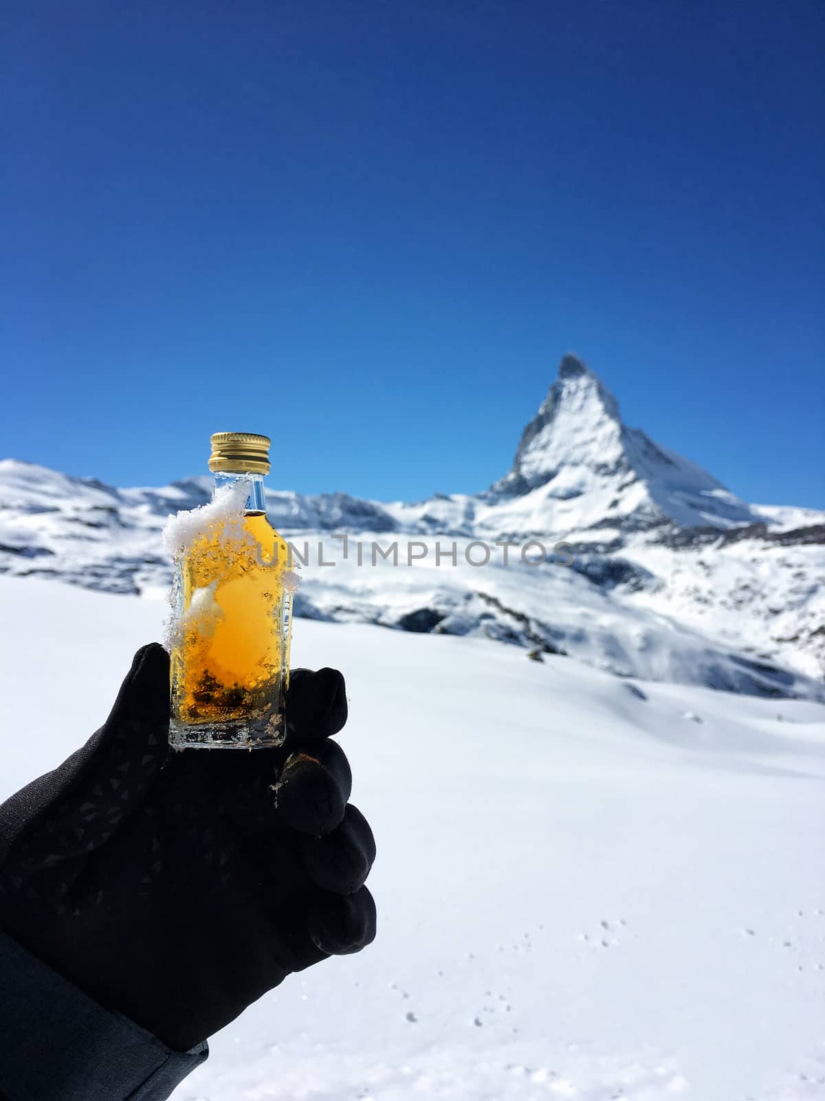 Winter season whiskey on snowy mountain Zermatt in Switzerland
