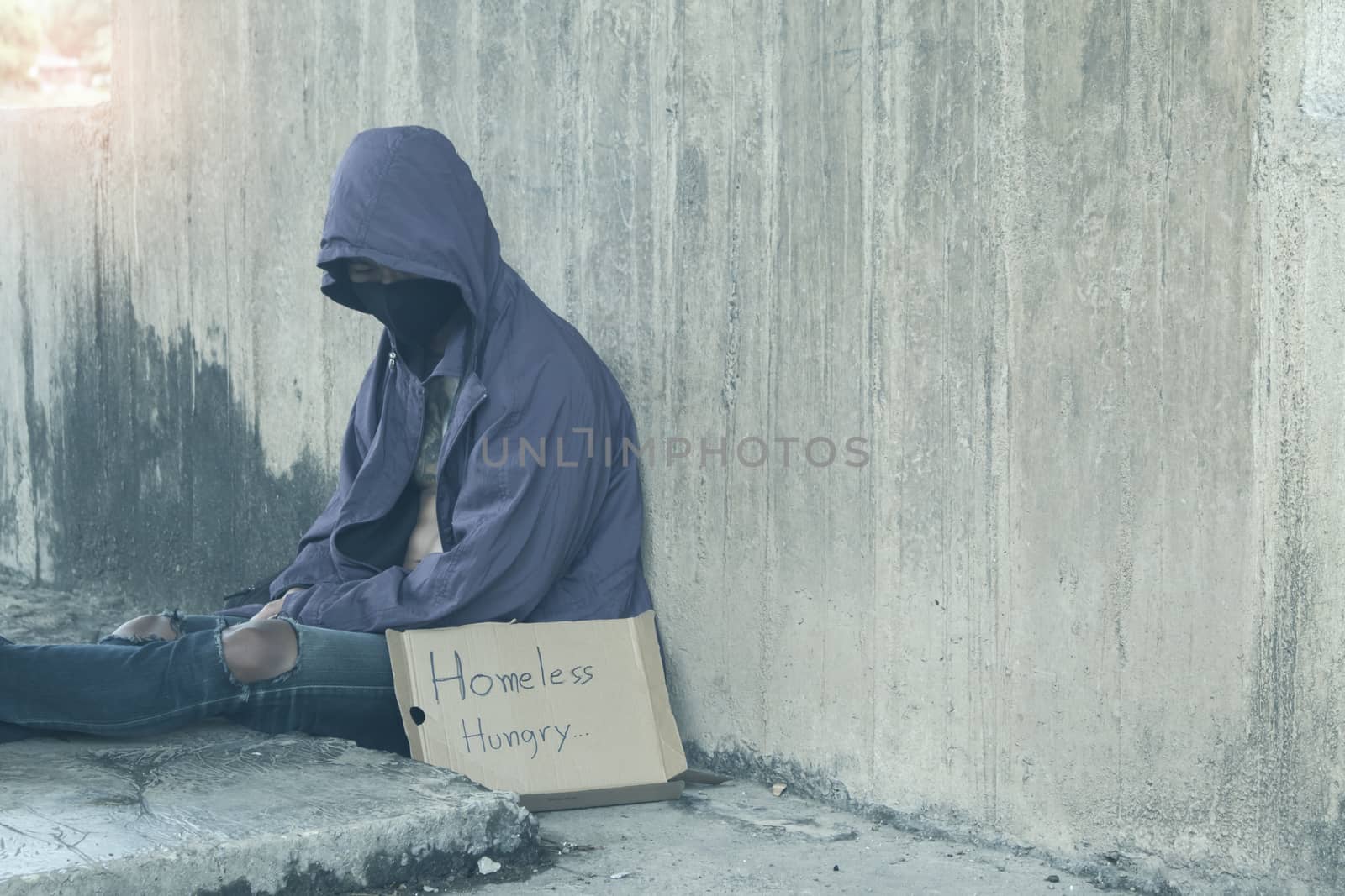 Unhappy homeless man under the bridge by Gobba17