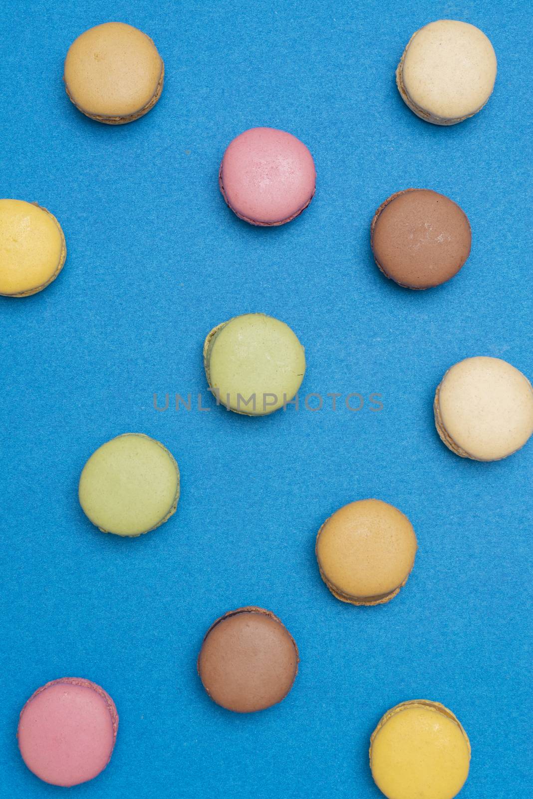 Colorful macaroons over a colored bakcground