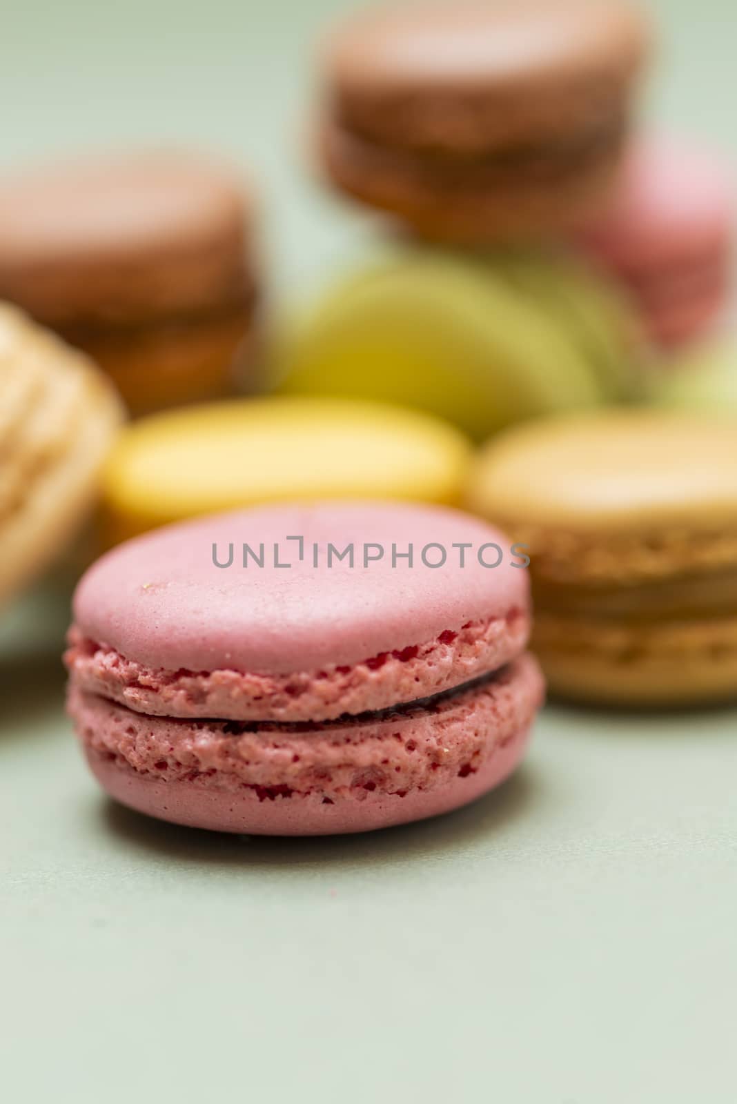 Colored tasty  macaroons over a green background.