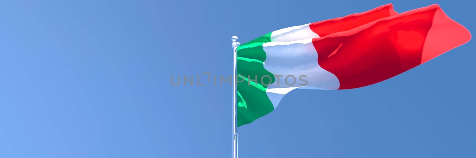 3D rendering of the national flag of Italy waving in the wind against a blue sky