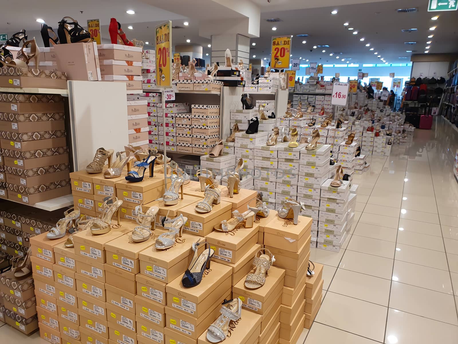 terni.italy august 23 2020:footwear displayed in the store during sales periods