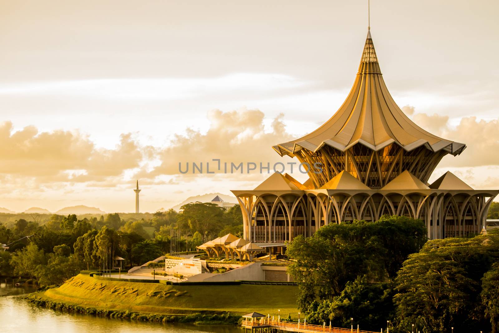 View of the Esplanade on the riverside in Kuching, Malaysia - Borneo during sunset.