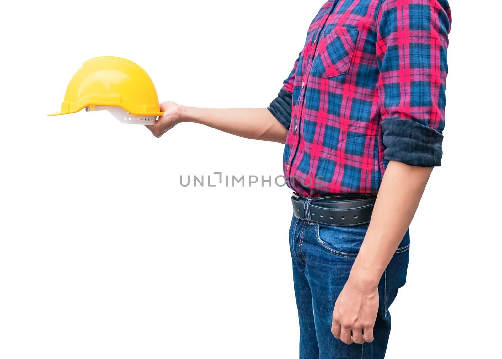 Engineer hold yellow safety helmet plastic construction concept  isolated on white background