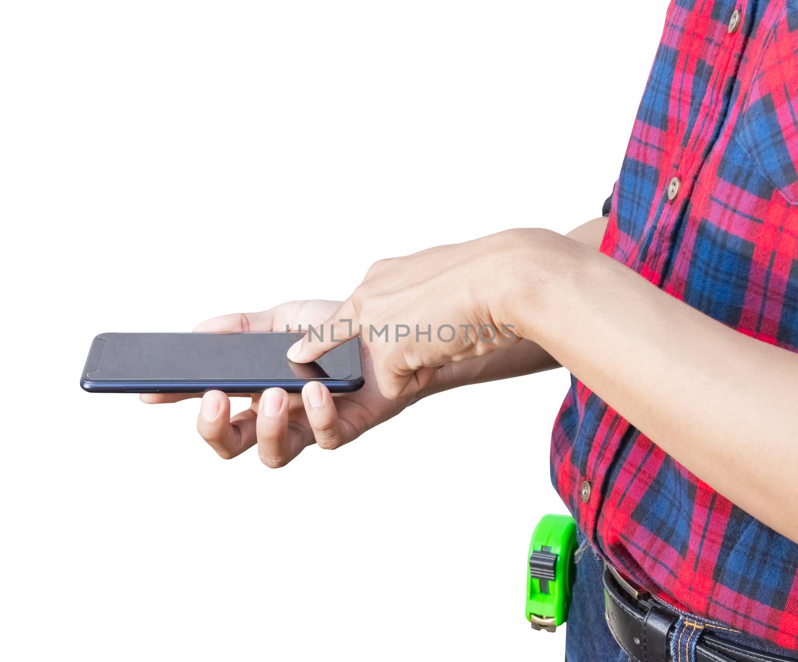 hand of engineer holding cell phone on white background by pramot