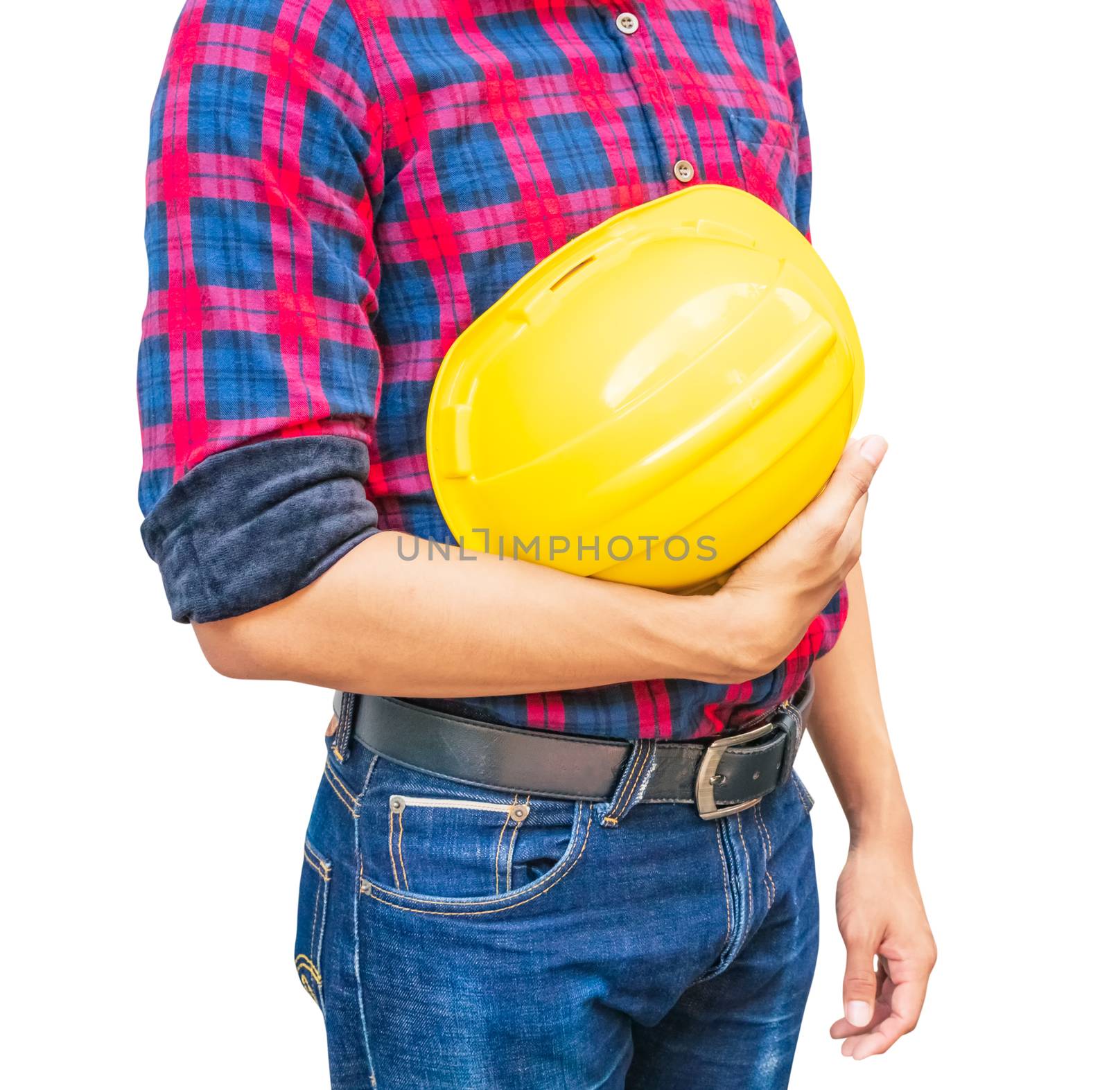 Engineer hold yellow safety helmet plastic construction concept by pramot
