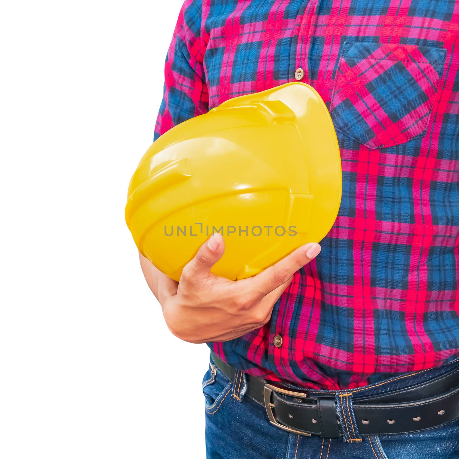 Engineer hold yellow safety helmet plastic construction concept  isolated on white background