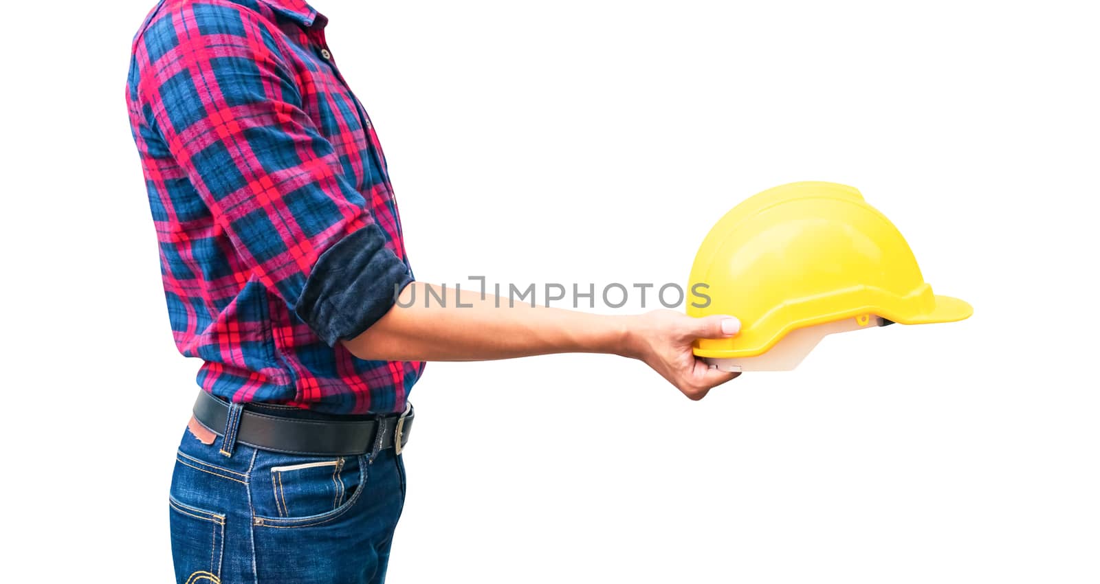 Engineer hold yellow safety helmet plastic construction concept  isolated on white background