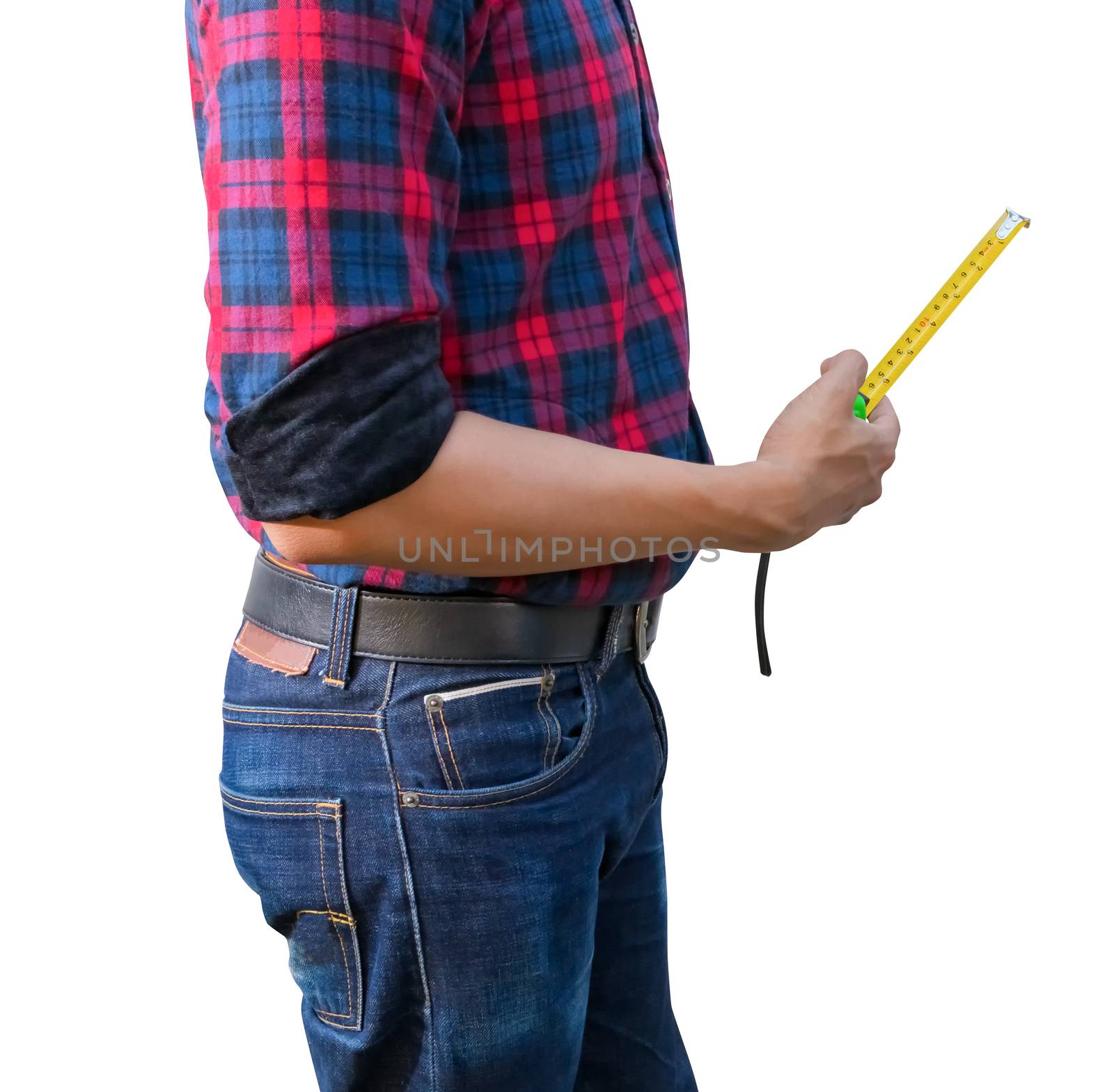 hand of engineer is holding tape measure on white background. construction concept