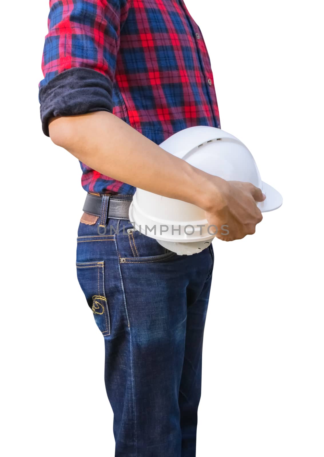 Engineer hold safety helmet plastic construction concept  isolated on white background