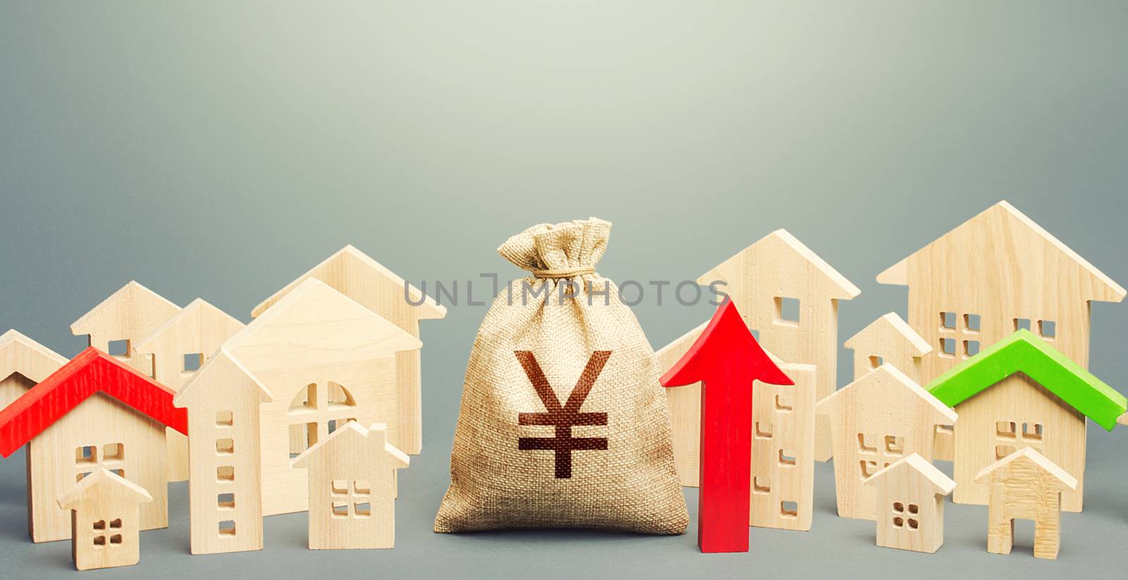 Yen Yuan money bag and a city of house figures and red up arrow. Recovery and growth in property prices, high demand. Increase in rent. Investments. Increase in revenues to municipal budget.