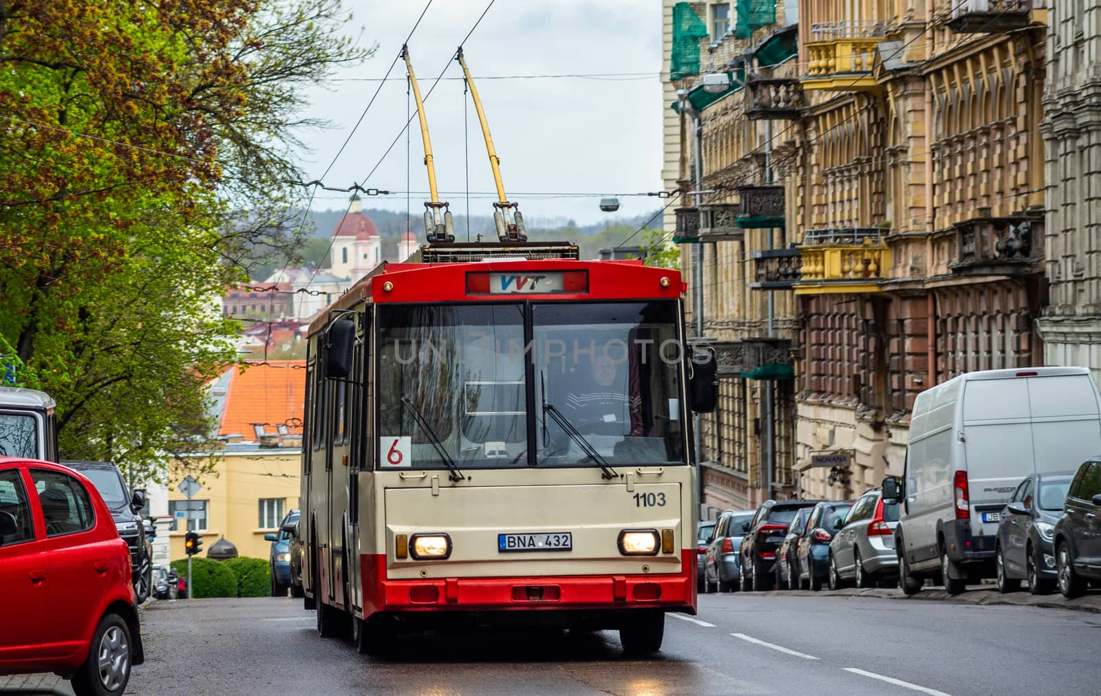 April 27, 2018 Vilnius, Lithuania. A trolleybus on one of the streets in Vilnius.