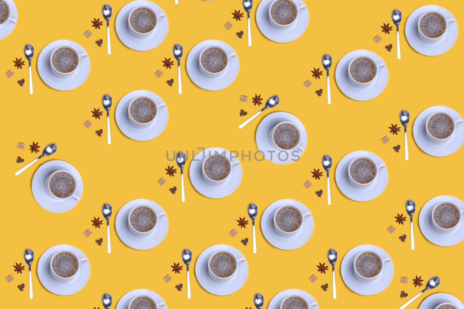 The pattern of a cup of coffee, spoon, coffee beans, sugar, anis on yellow background