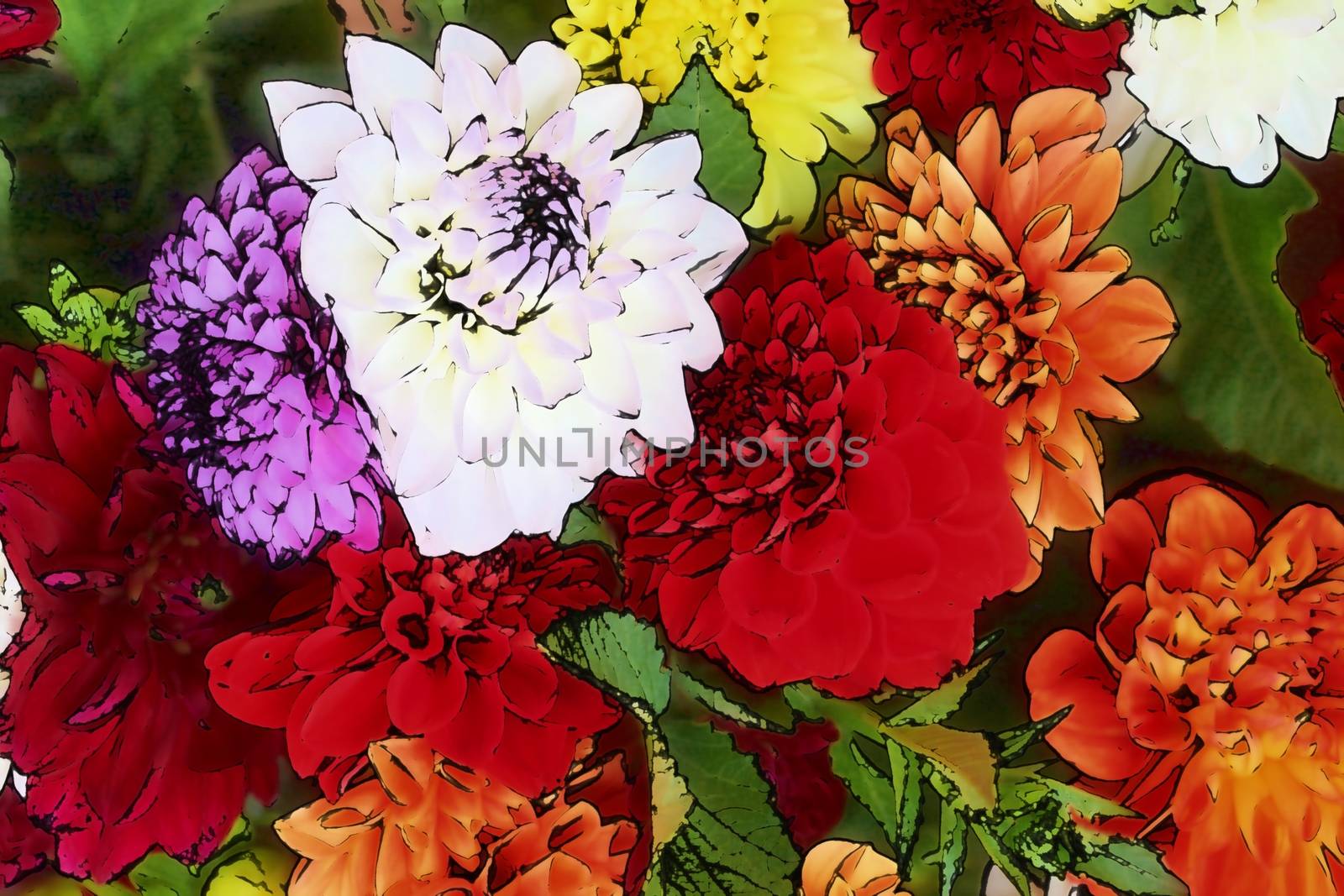 3D-Illustration of a floral background with colorful flowers in a comic sketch design