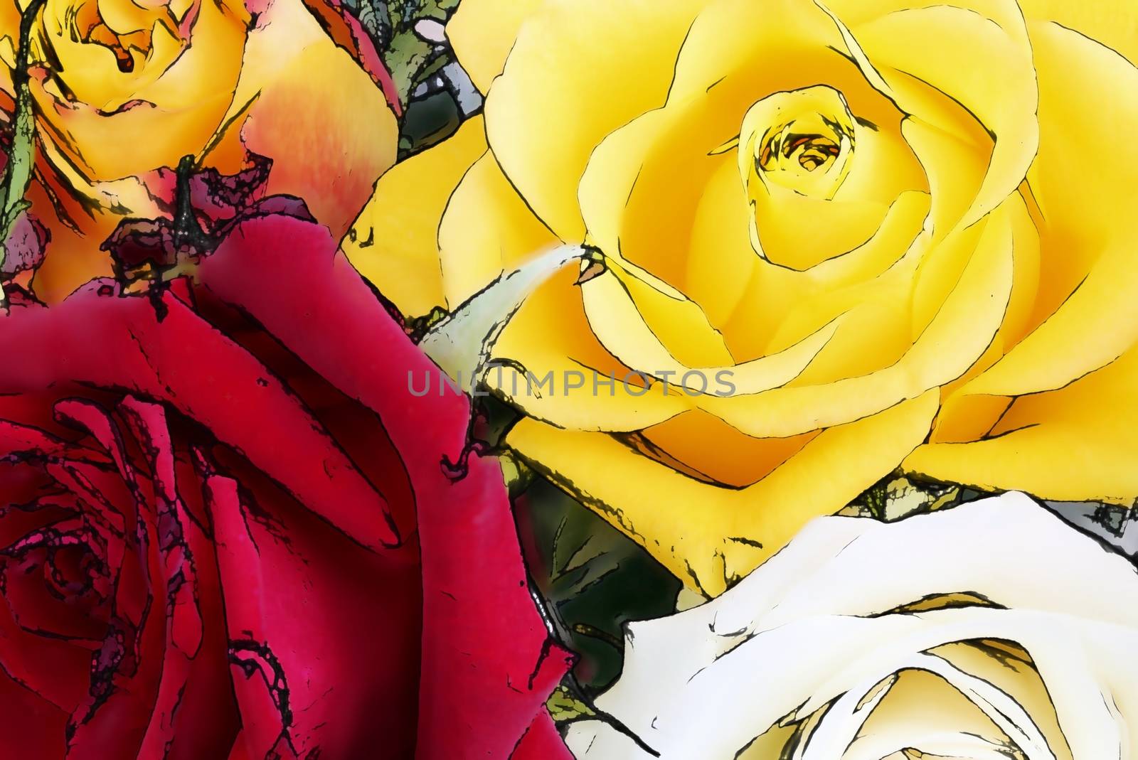 3D-Illustration of a floral background with colorful flowers in a comic sketch design