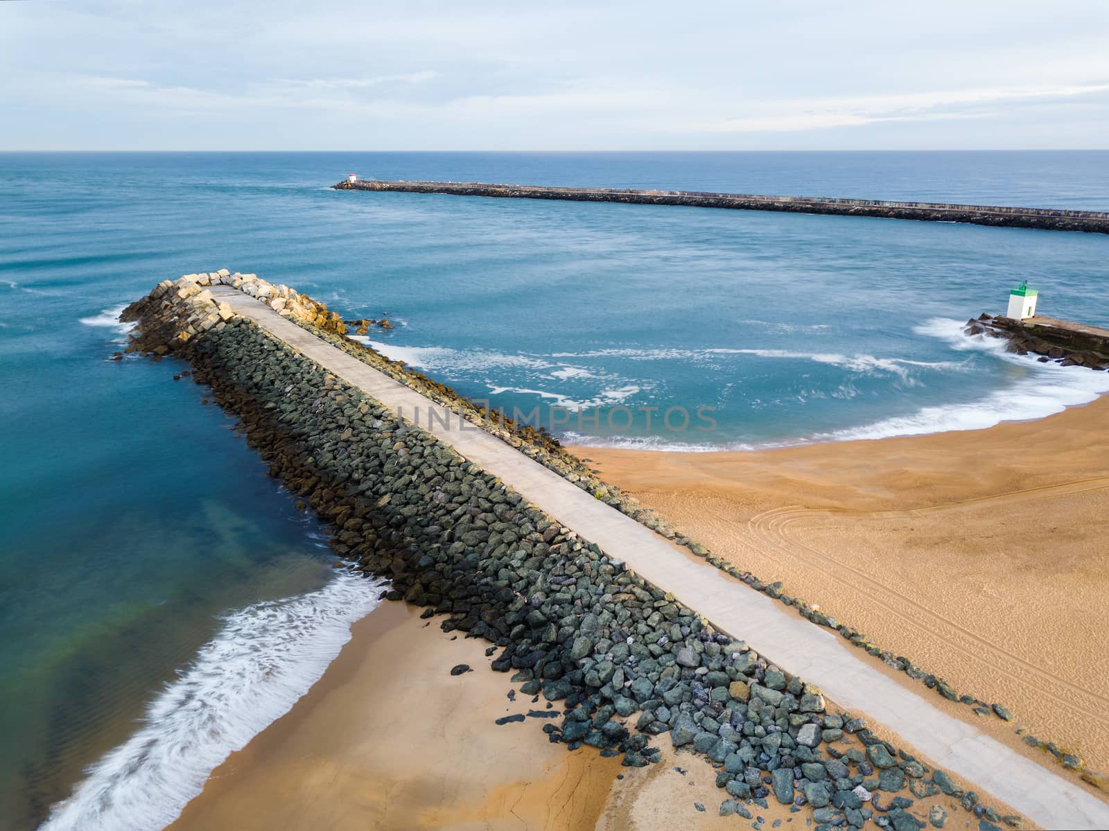 La Barre aerial view in Anglet, France. Beach, dikes and the Atlantic ocean.