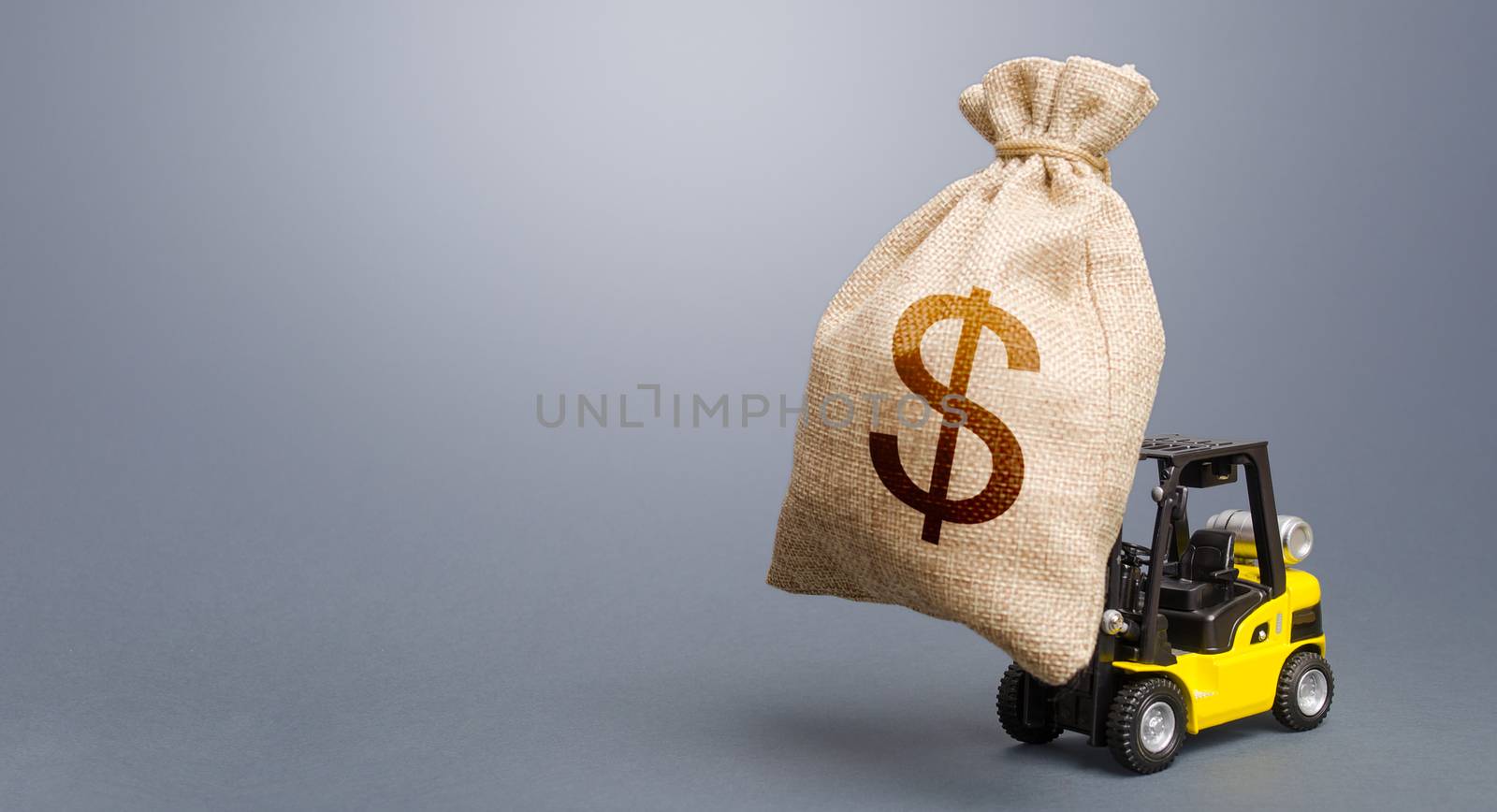 Forklift carrying a dollar money bag. Anti-crisis budget. Borrowing on capital market. Stimulating economy. Subsidies soft loans. Investments. Strongest financial assistance, business support.