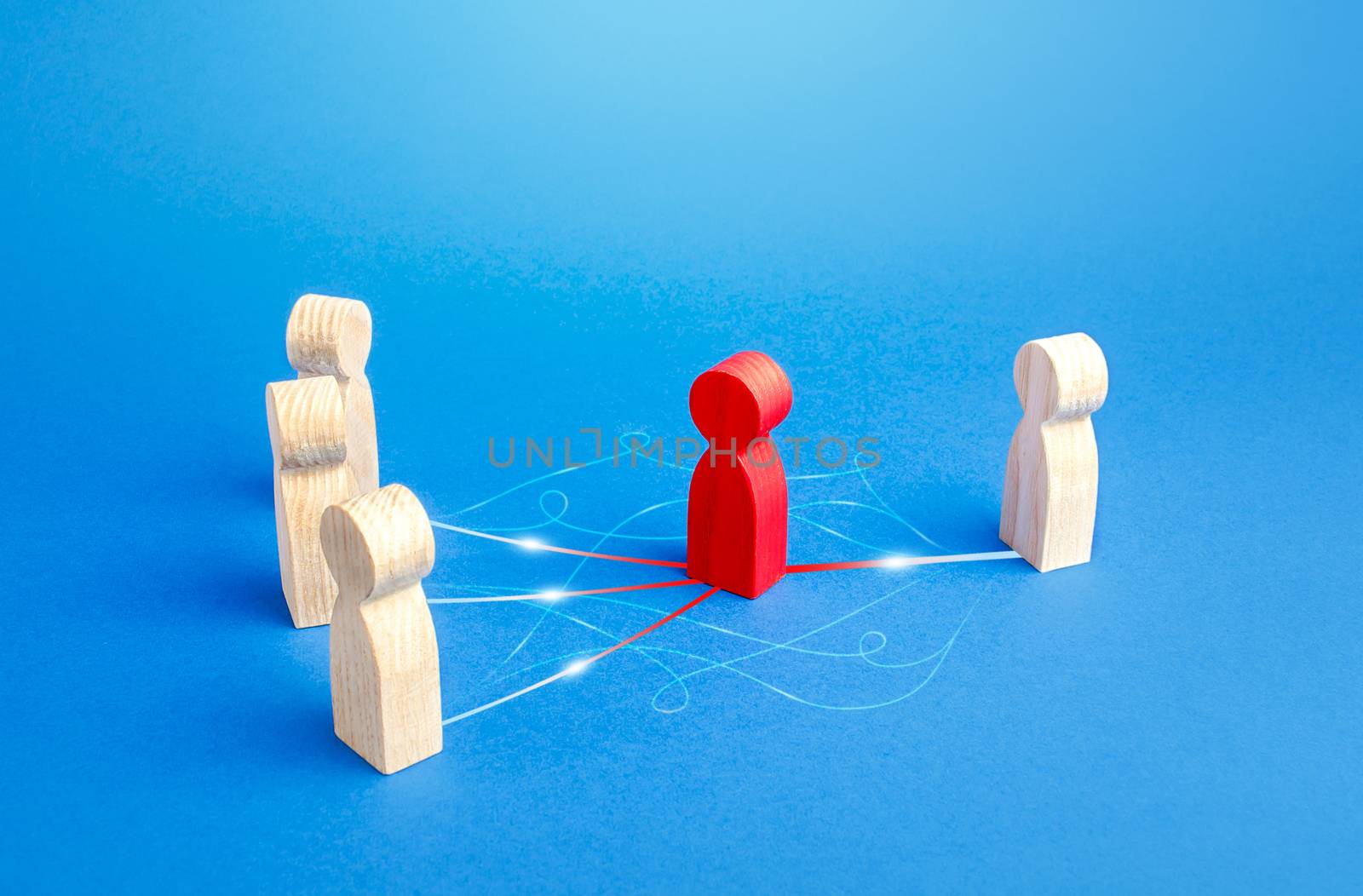 The red man acts as a mediator between people. Business mediation service. Simplification of the negotiation process, elimination of bureaucratic obstacles and barriers. Communication