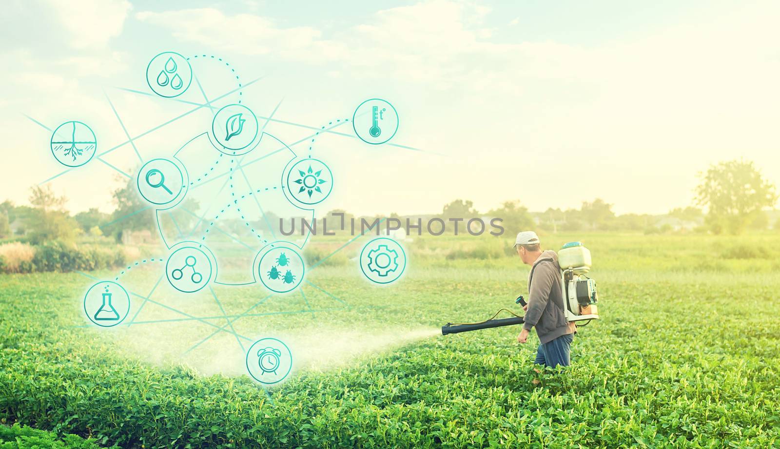 Futuristic innovative technology pictogram and a farmer with a mist blower sprayer walks through the potato plantation. Treatment of the farm field against insect pests, fungal infections