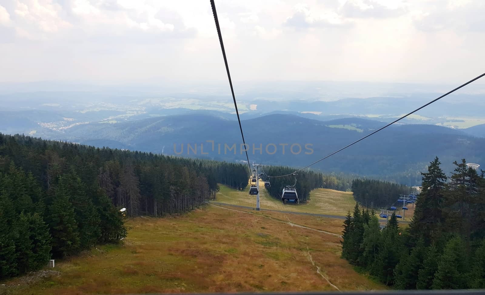 Cableway with cable cars on Cerna Hora mountain in Krkonose (Giant Mountain) national park.