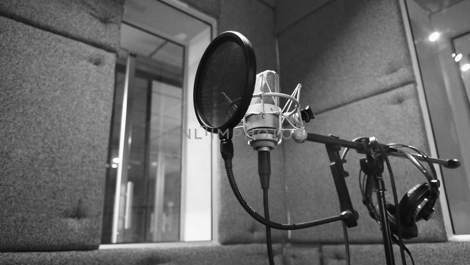 Studio microphone or mic for recording for vocal singer or commercial announcer with shock mount and pop filter on professional tripod in acoustic foam room for best sound and mix process