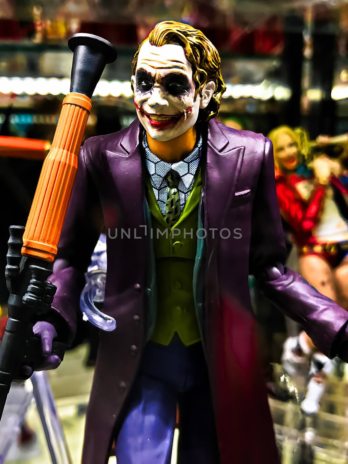 Osaka, Japan - Apr 23, 2019: Focused on fictional character figure from DC comics BATMAN The Dark Knight Joker figure out of toys shop.This figure 15cm size model.