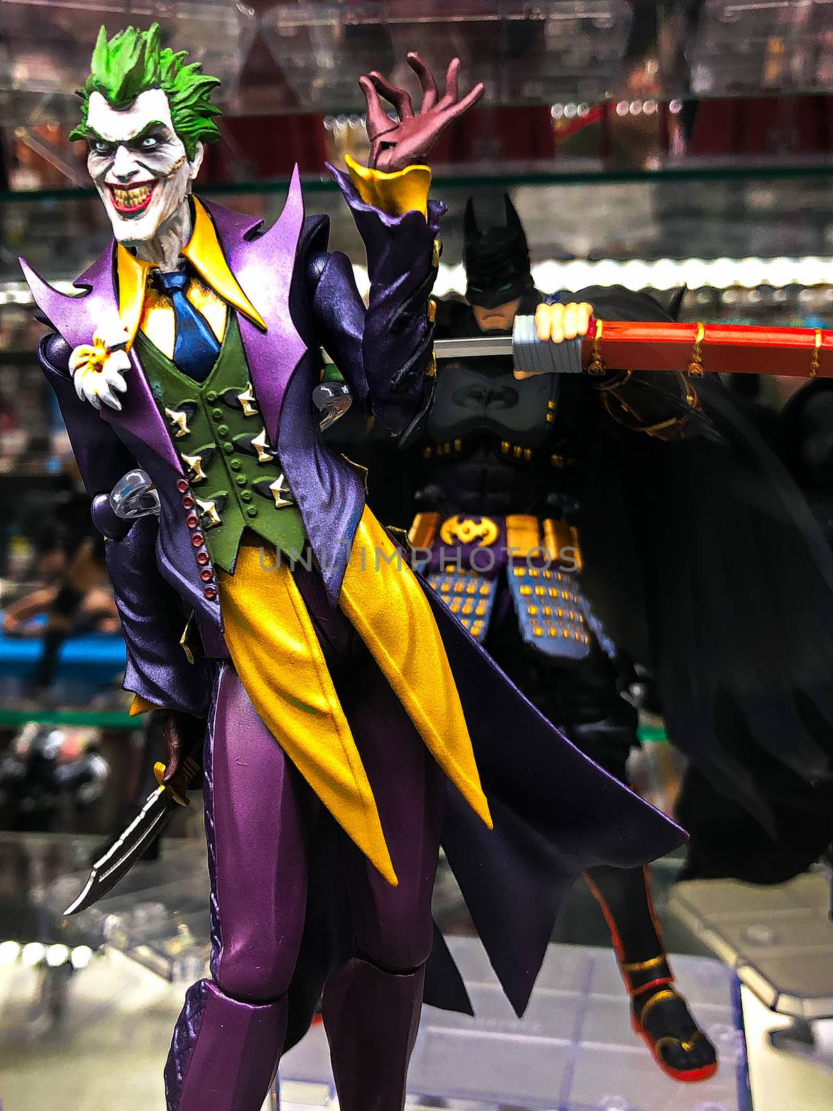 Osaka, Japan - Apr 23, 2019: Focused on fictional character figure from Arkham Asylum Joker figure out of toys shop.