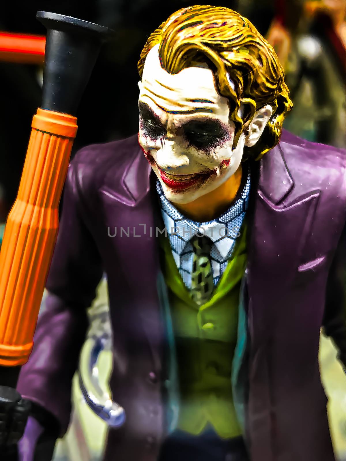 Osaka, Japan - Apr 23, 2019: Focused on fictional character figure from DC comics BATMAN The Dark Knight Joker figure out of toys shop.This figure 15cm size model. by USA-TARO