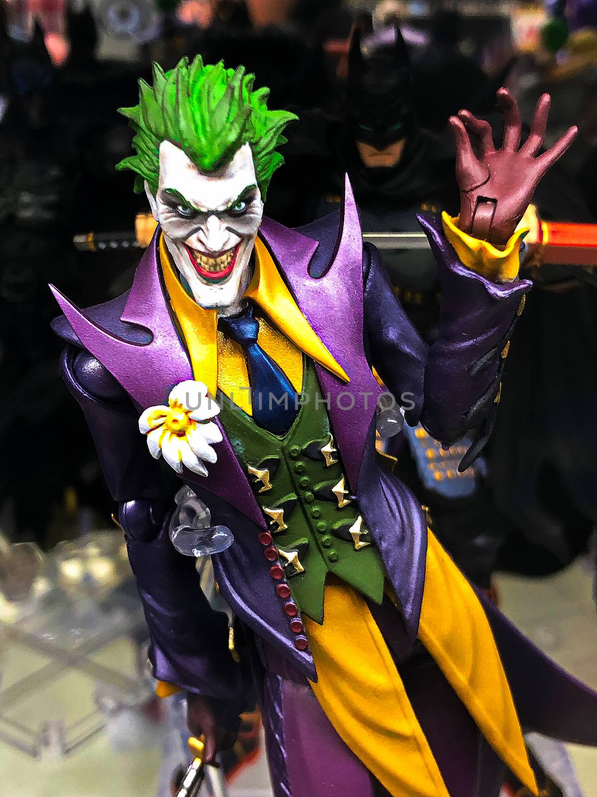 Osaka, Japan - Apr 23, 2019: Focused on fictional character figure from Arkham Asylum Joker figure out of toys shop.