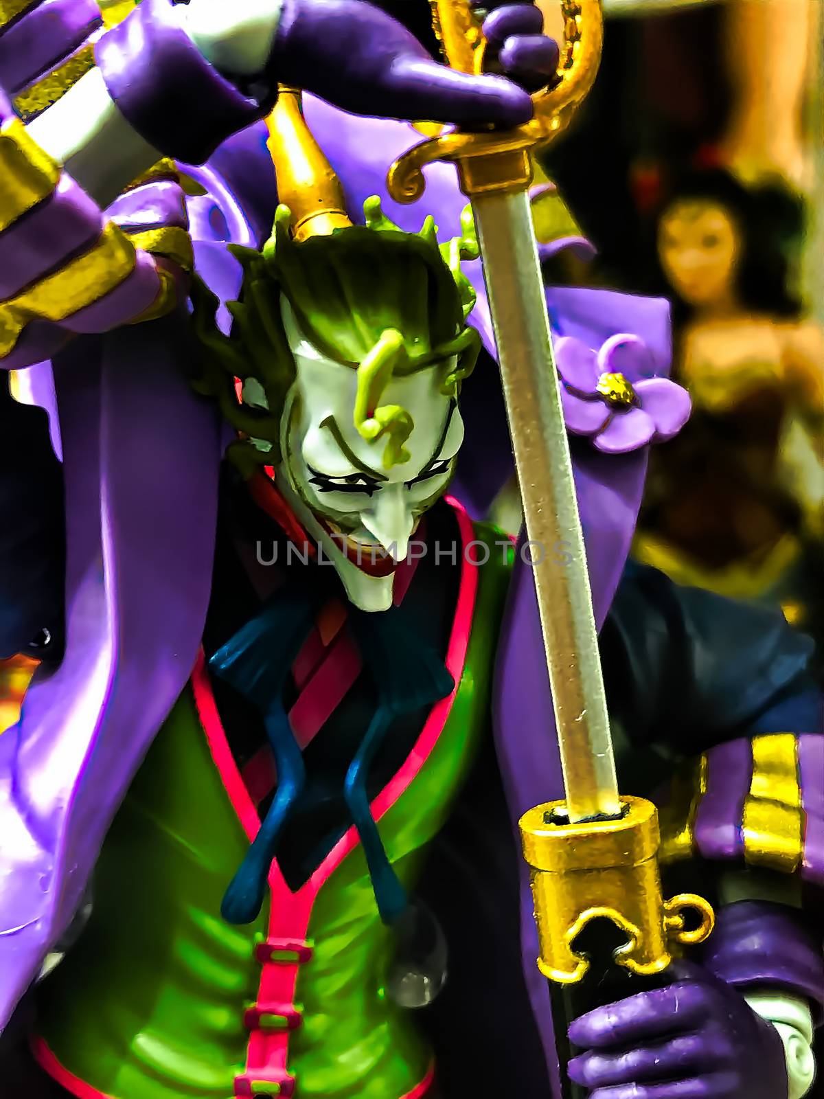 Osaka, Japan - Apr 23, 2019: Focused on fictional character figure from DC comics BATMAN  Joker figure out of toys shop.