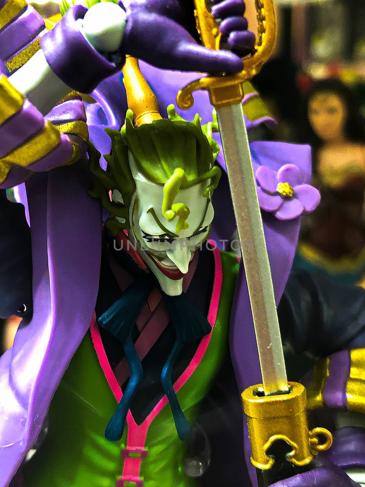 Osaka, Japan - Apr 23, 2019: Focused on fictional character figure from DC comics BATMAN  Joker figure out of toys shop. by USA-TARO