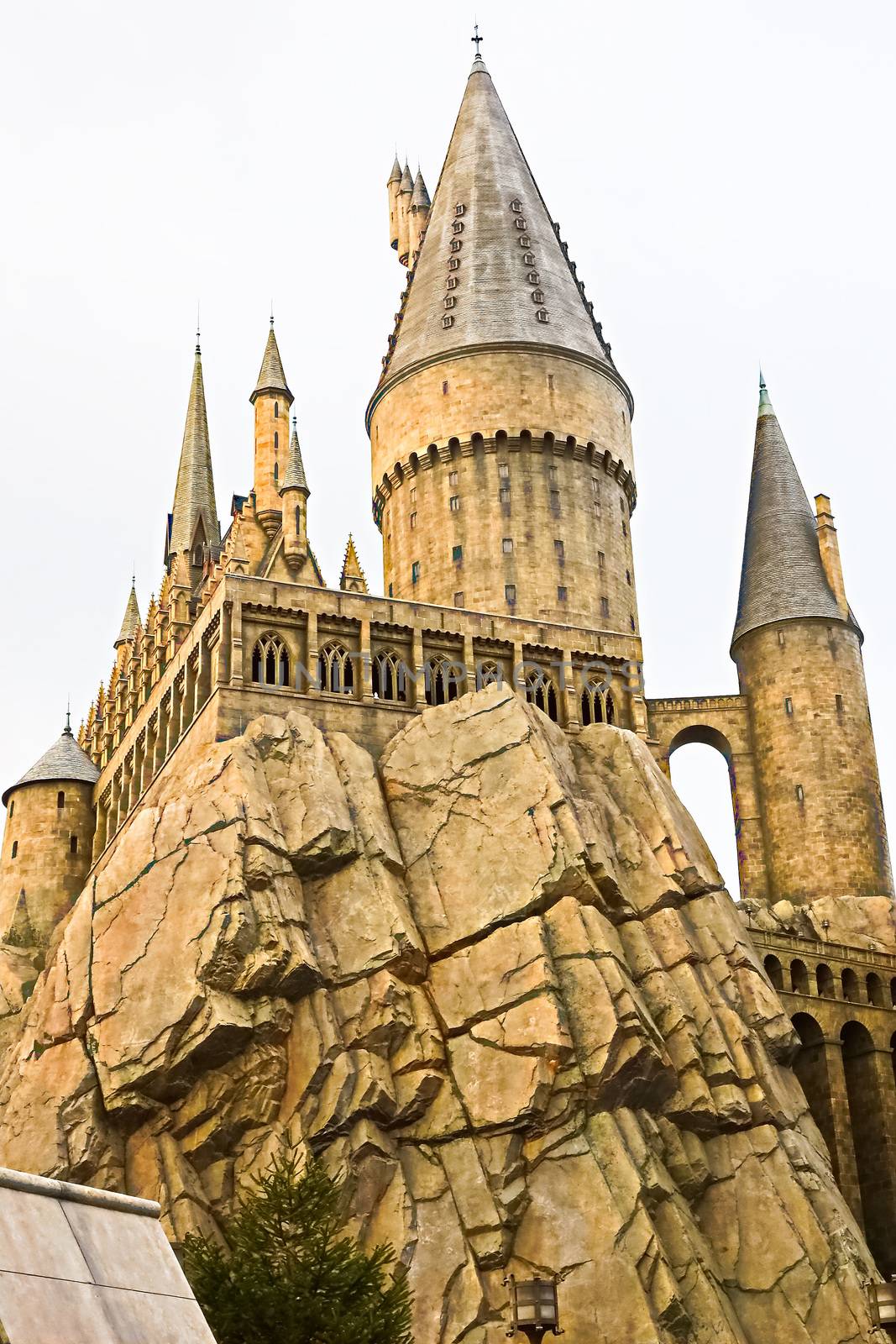 Osaka, Japan - Dec 02, 2017: View of Hogwarts castle at the Wizarding World of Harry Potter in Universal Studios Japan.