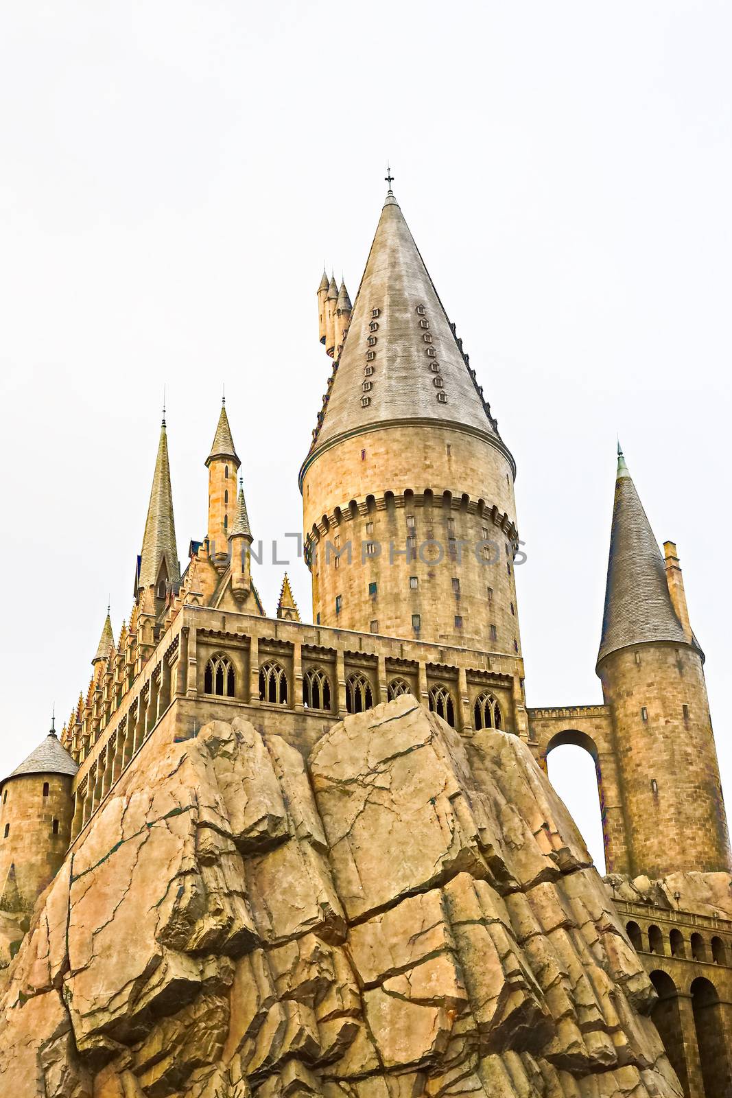 Osaka, Japan - Dec 02, 2017: View of Hogwarts castle at the Wizarding World of Harry Potter in Universal Studios Japan.