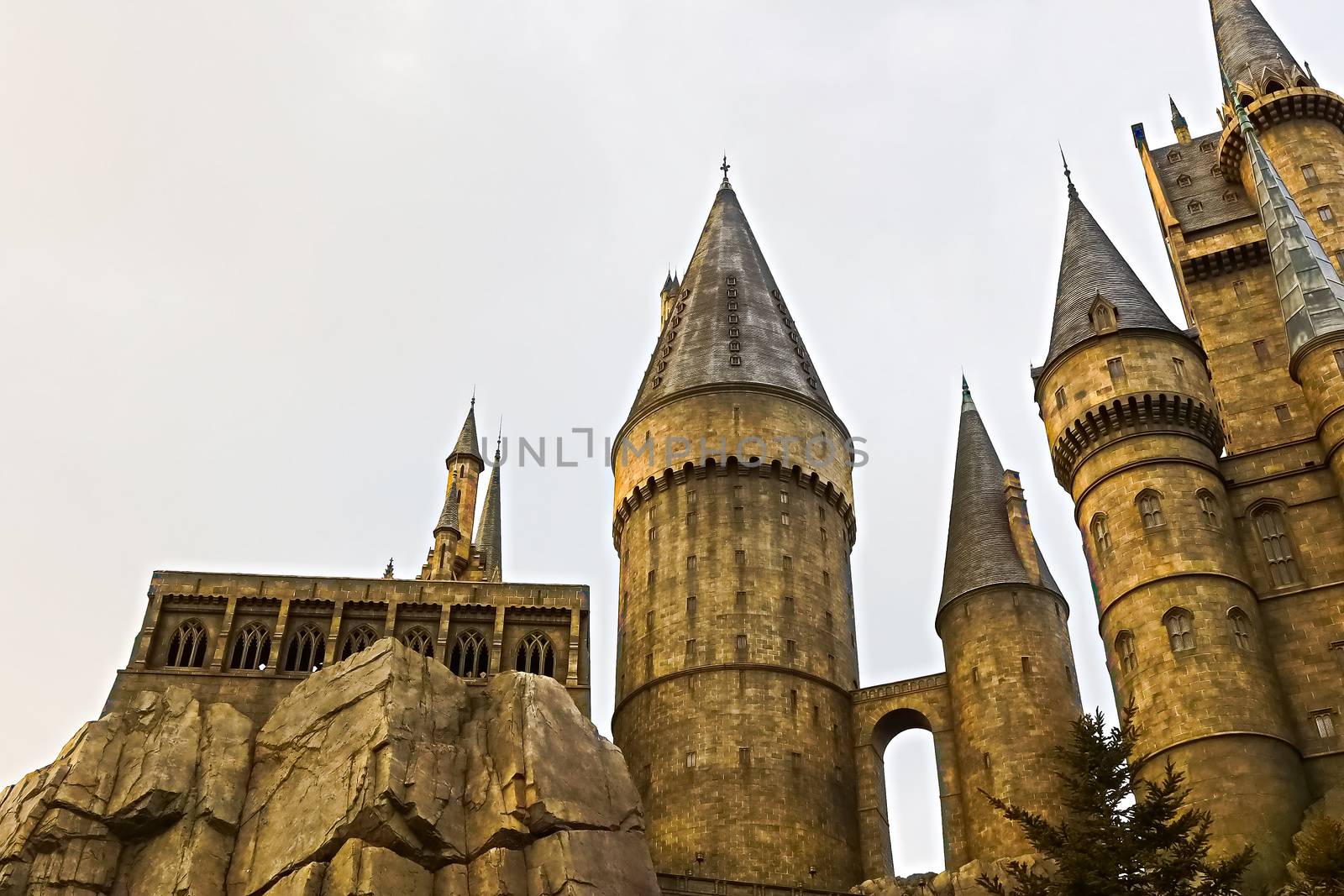 Osaka, Japan - Dec 02, 2017: View of Hogwarts castle at the Wizarding World of Harry Potter in Universal Studios Japan.