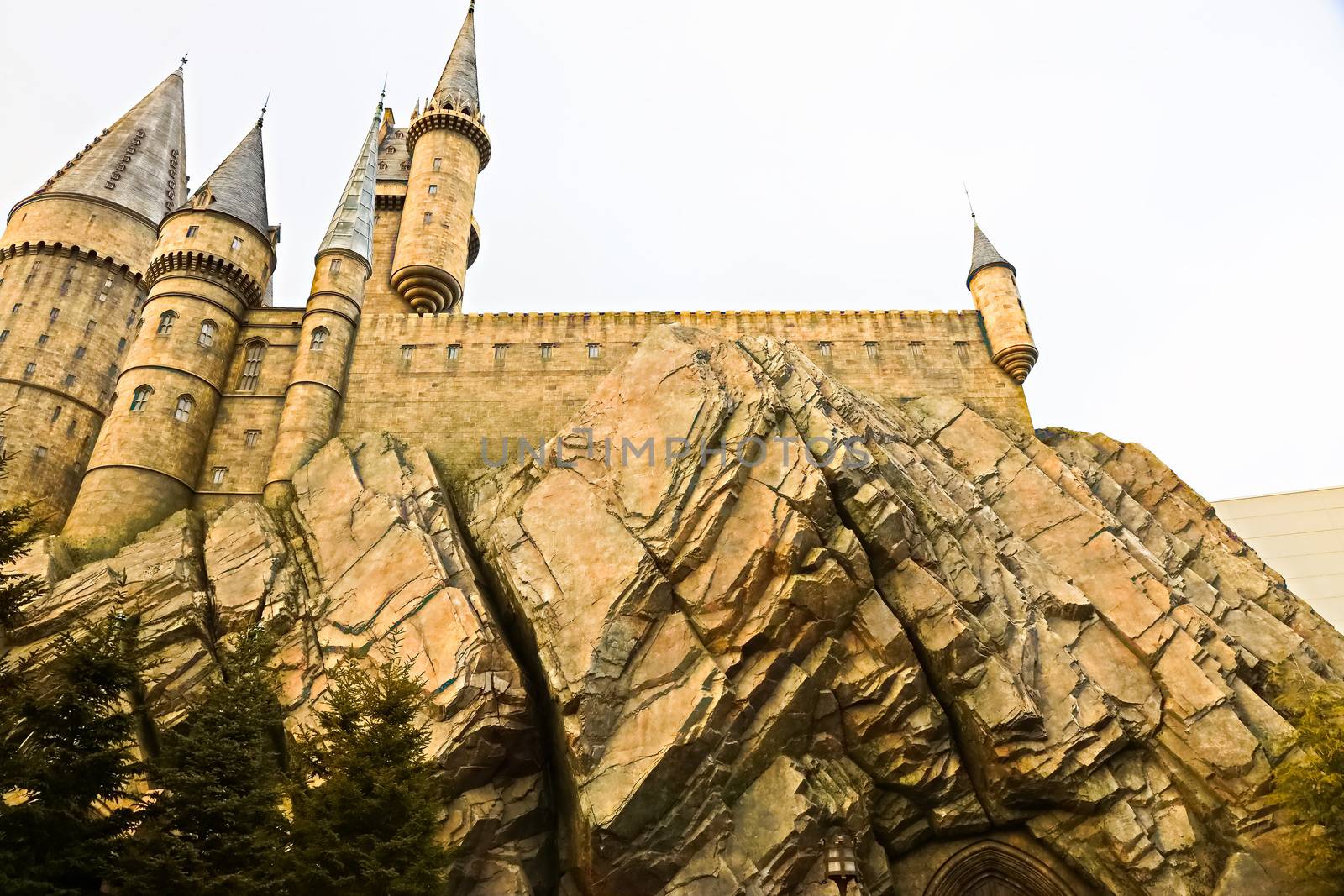 Osaka, Japan - Dec 02, 2017: View of Hogwarts castle at the Wizarding World of Harry Potter in Universal Studios Japan.