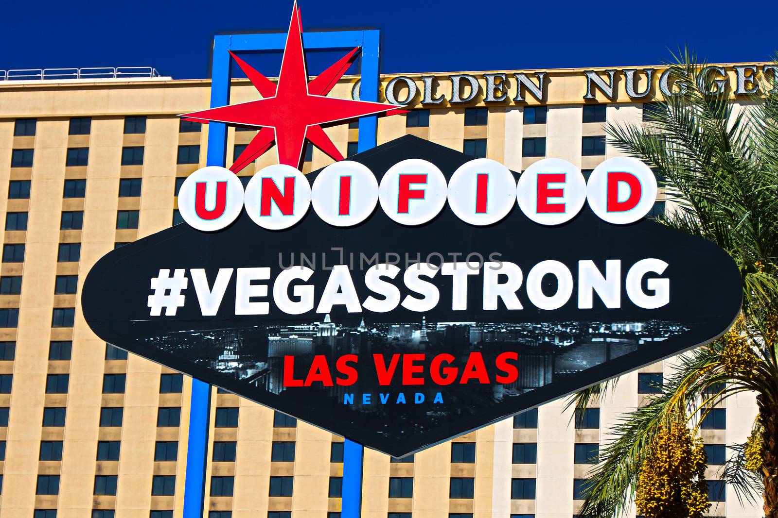 LAS VEGAS,NEVADA,USA - 10 OCT : The VEGAS STRONG sign on bright sunny day in Downtown Las Vegas background of Golden Nugget Hotel , Nevada USA,10 Oct 2017. by USA-TARO