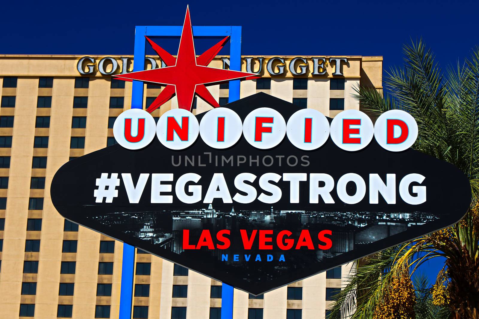 LAS VEGAS,NEVADA,USA - 10 OCT : The VEGAS STRONG sign on bright sunny day in Downtown Las Vegas background of Golden Nugget Hotel , Nevada USA,10 Oct 2017. by USA-TARO