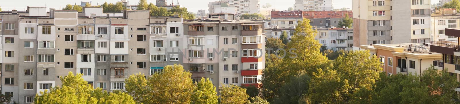 fragment of the facade of multi-storey residential buildings, panoramic photo by Annado