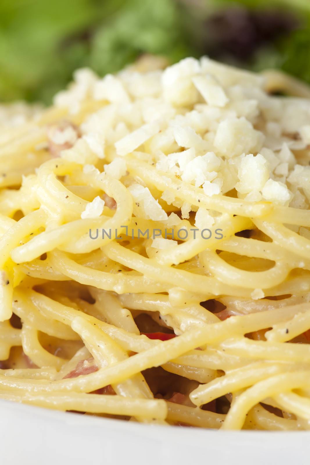 closeup of spaghetti carbonara on a plate by bernjuer