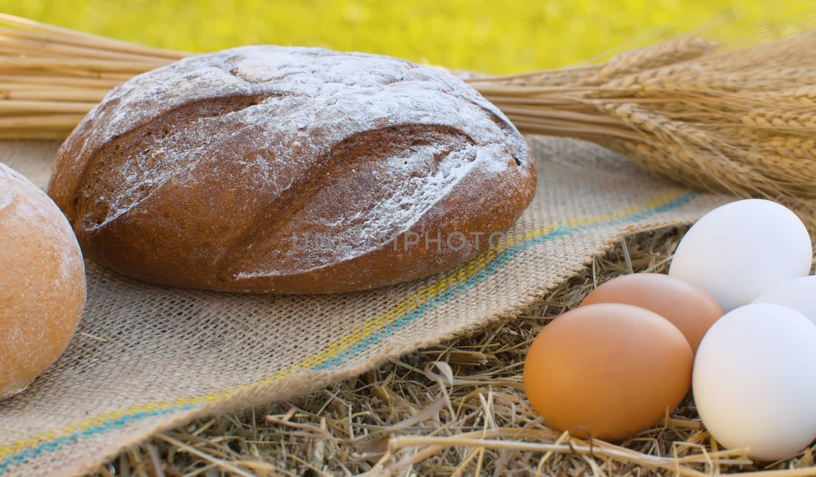 Close up sheaf of ripe rye ears, traditional baked bread and chicken eggs on fresh hay. Natural organic handmade food