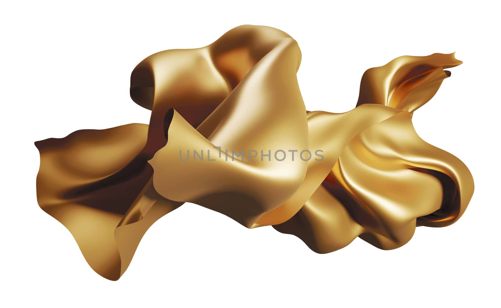Golden fabric flying in the wind isolated on white background 3D render