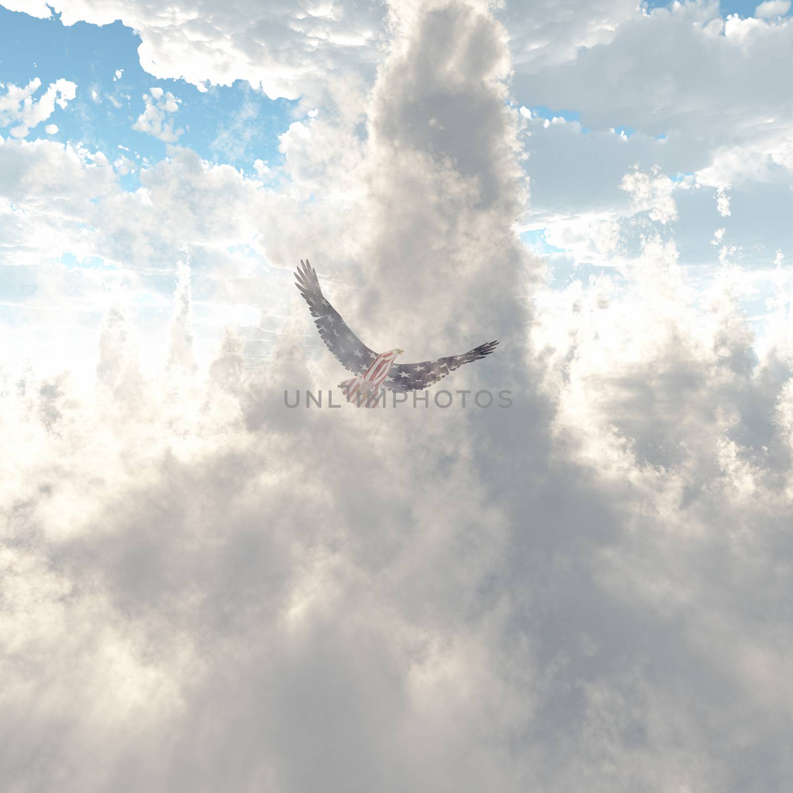 Eagle in national colors is flying above the clouds. 3D rendering