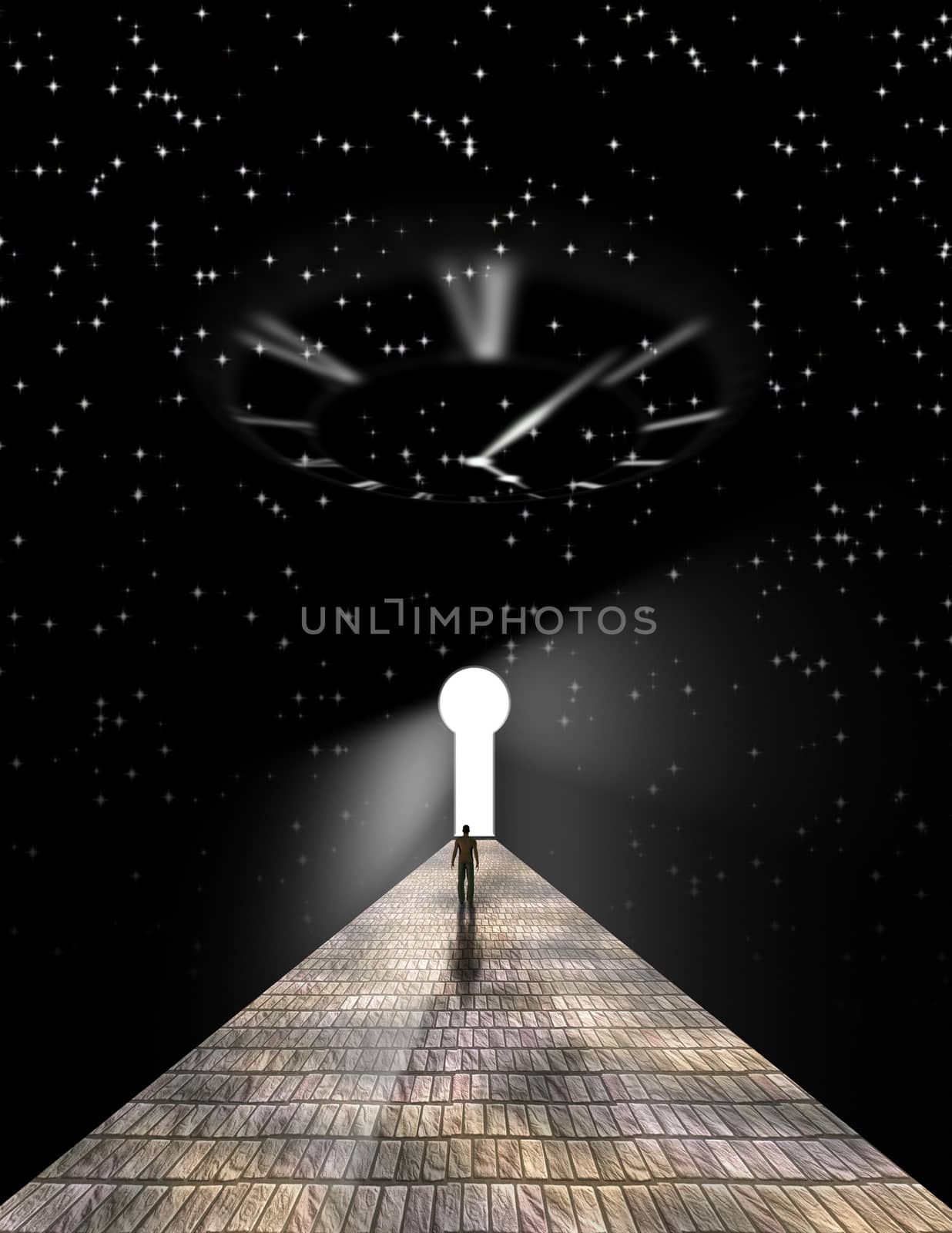 Figure of man walking on stone road to the keyhole in space. 3D rendering