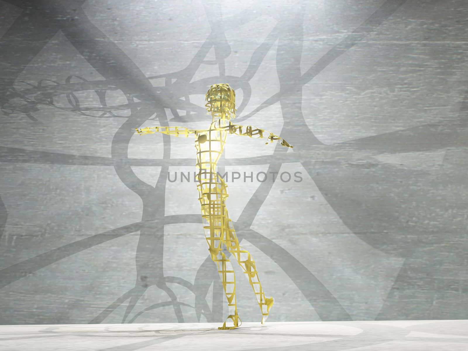 Woman figure made of gold with light rays. 3D rendering